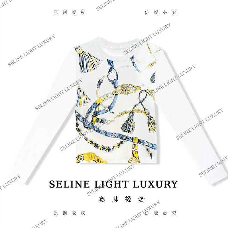 【25Q-703】海 2025 SELINE 新款金色锁链印花时尚轻奢气质长袖T恤