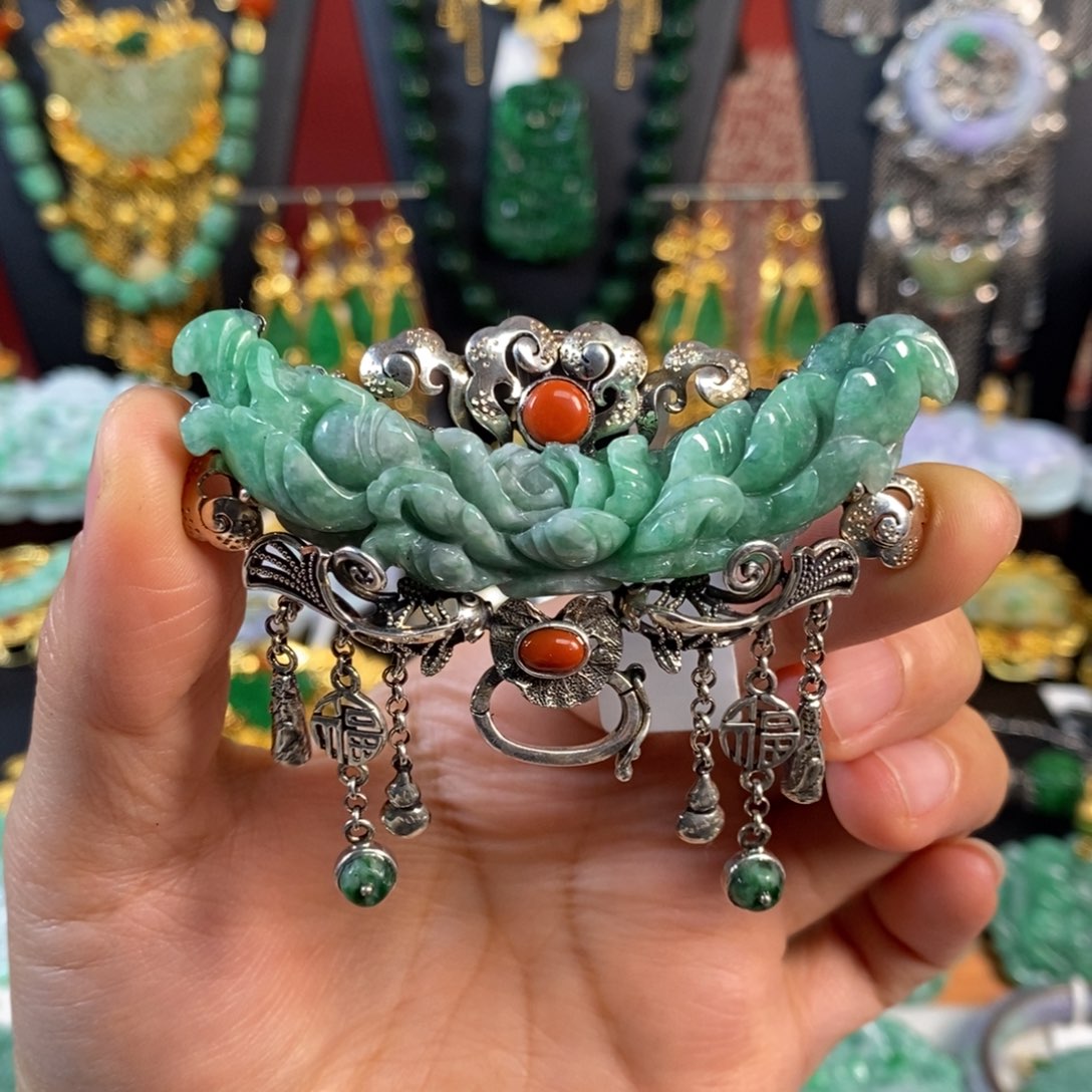 翡翠吊坠(不含链)银S925镶嵌牡丹花扣头 亏清