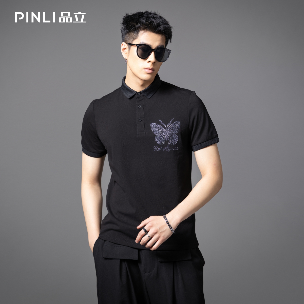 PINLI品立夏季蝴蝶烫钻修身POLO衫男商务休闲短袖上衣BG252112090