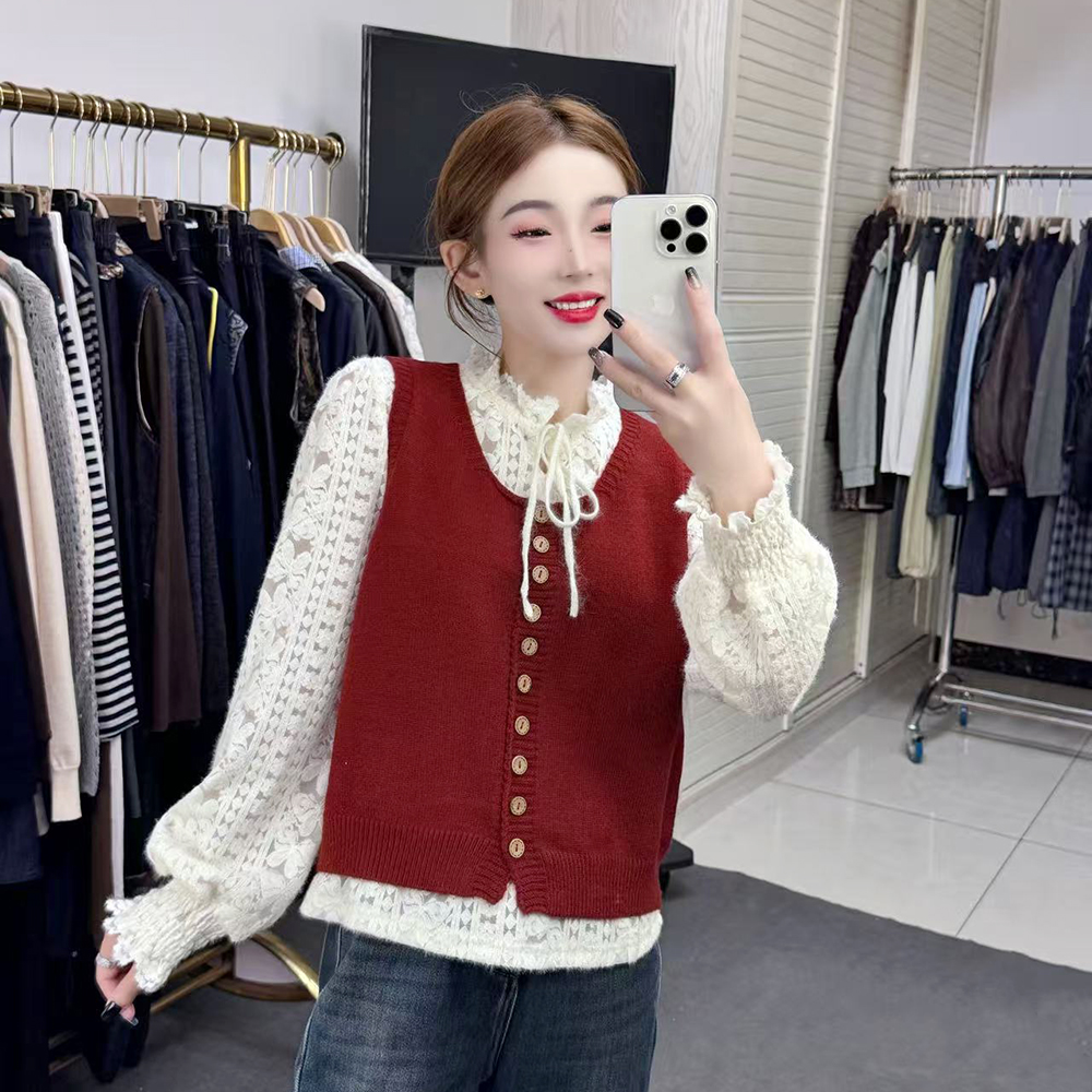 时尚镂空长袖小衫套装女2025秋季新款针织马甲蕾丝打底上衣两件套