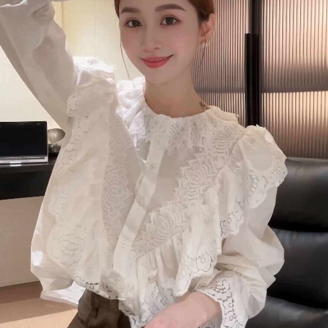 秋季法式高级感蕾丝刺绣荷叶边长袖衬衫女款时尚显瘦小