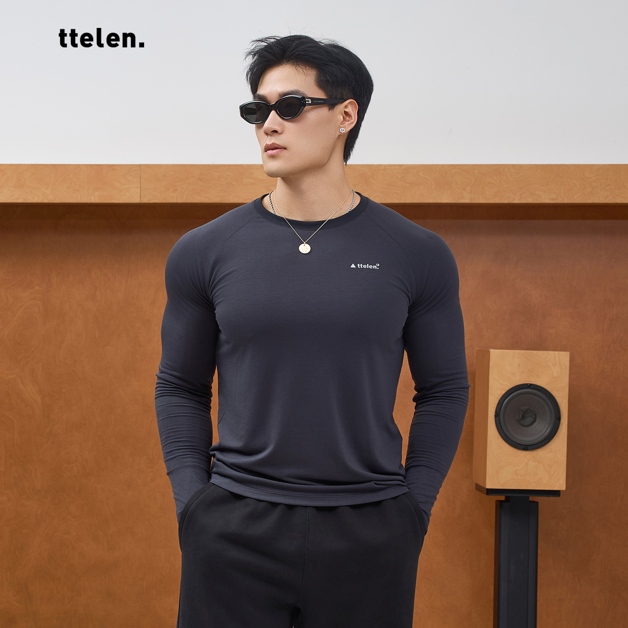 ttelen.天丝运动长袖T恤男款高弹紧身训练健身跑步内搭显大上衣