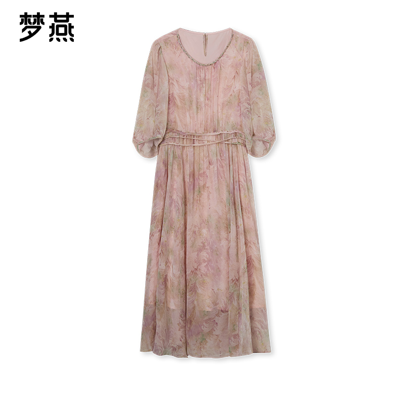 梦燕夏季女款时尚气质优雅宽松休闲印花真丝收腰连衣裙4BS03B5026
