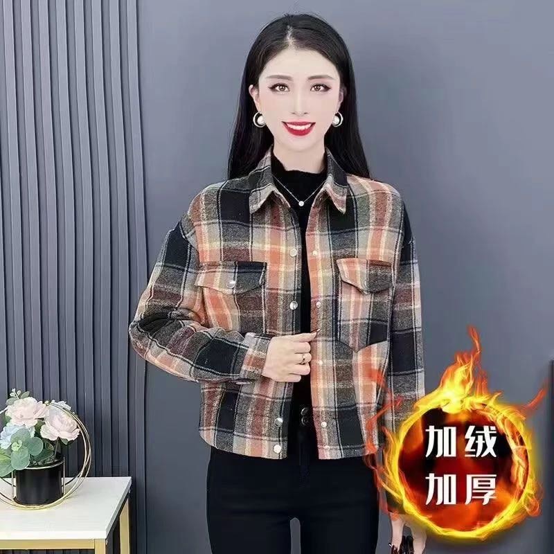 【加绒加厚-B】2025美拉德穿搭女加绒短外套小个子休闲格子外套