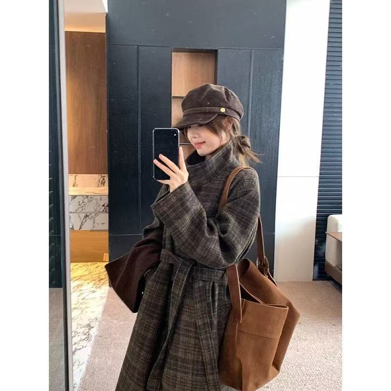 7001-7200 宽松中长款外套格子复古拼接毛呢外套毛呢长款立领