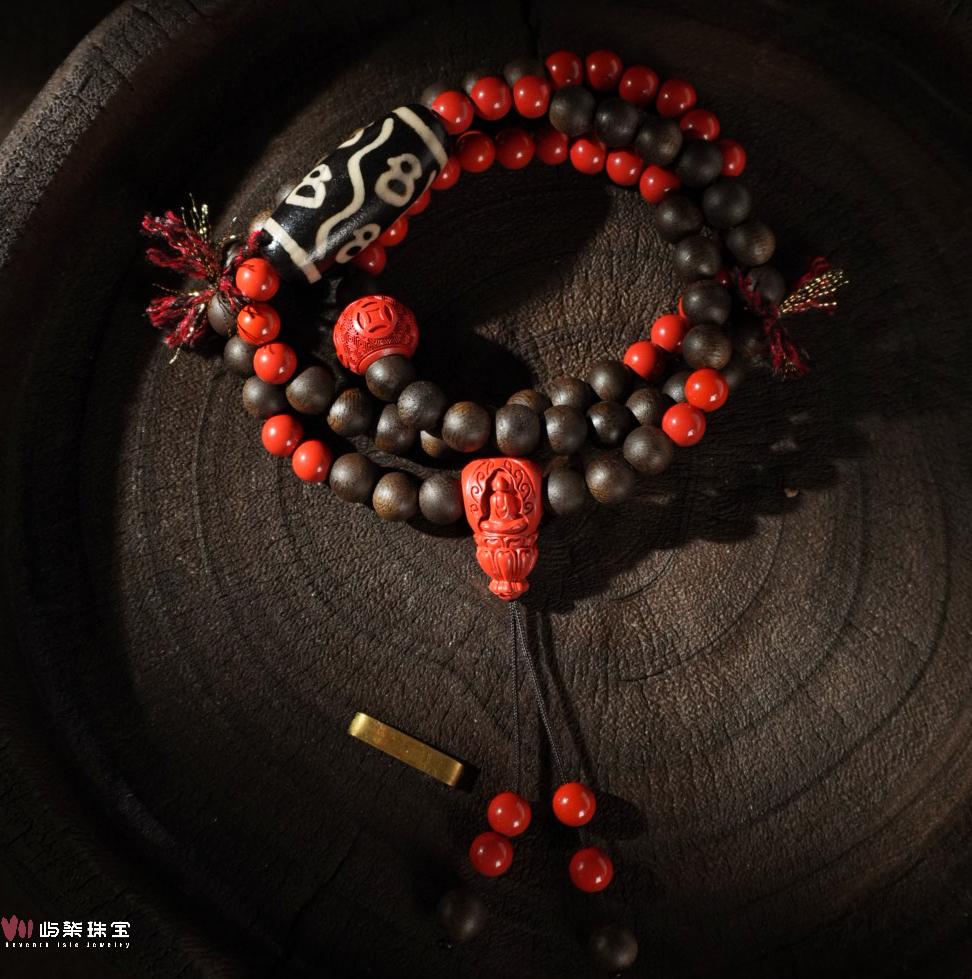 含辰砂工艺品F233 朱砂三通天珠文莱三圈手串 防跑