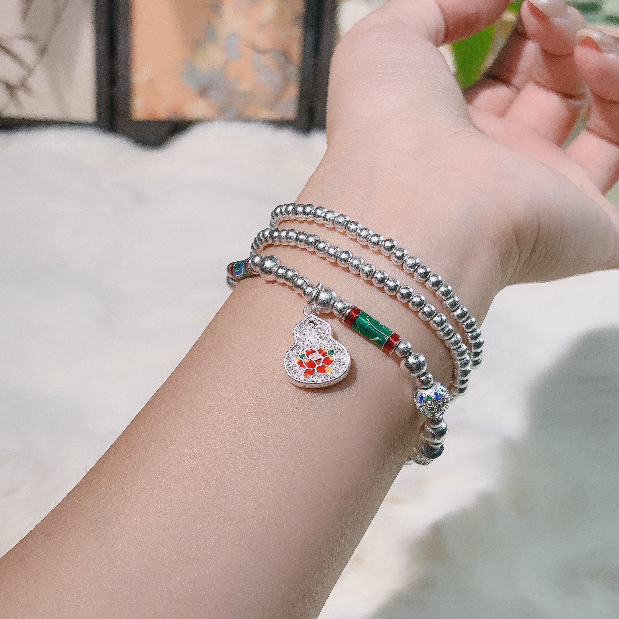 足银珐琅手链 【银川银楼】43足银999.9莲花新中式葫芦叠戴国风手链