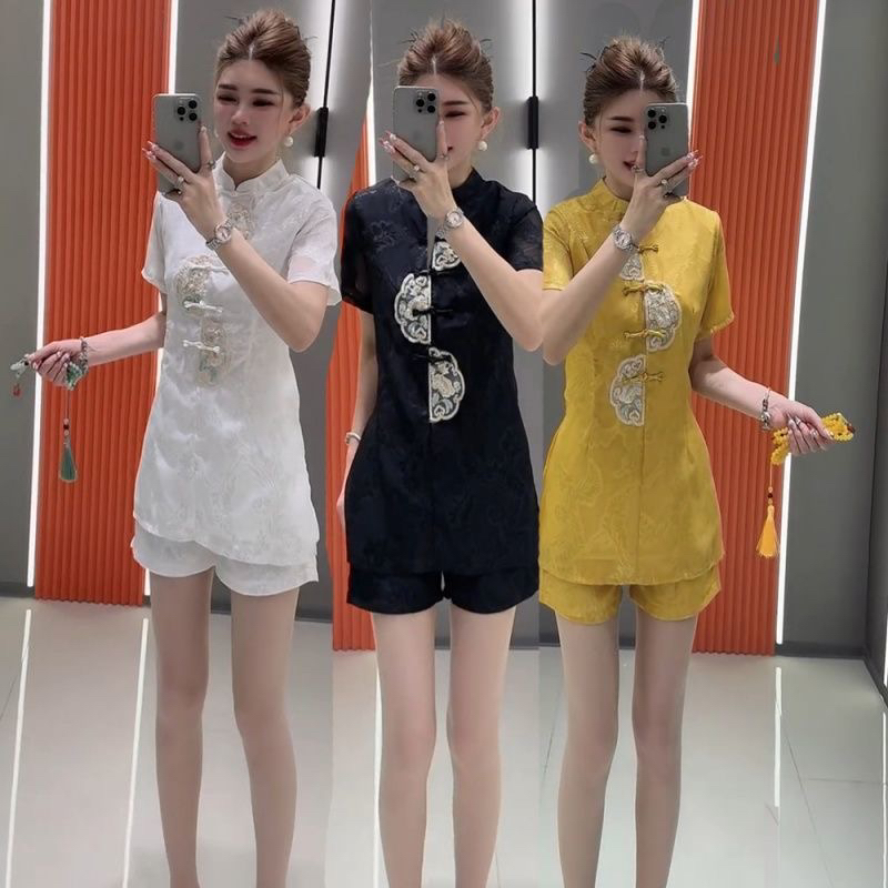 夏季新款时尚中国风新中式简约套装两件套百搭网红同款盘扣上衣