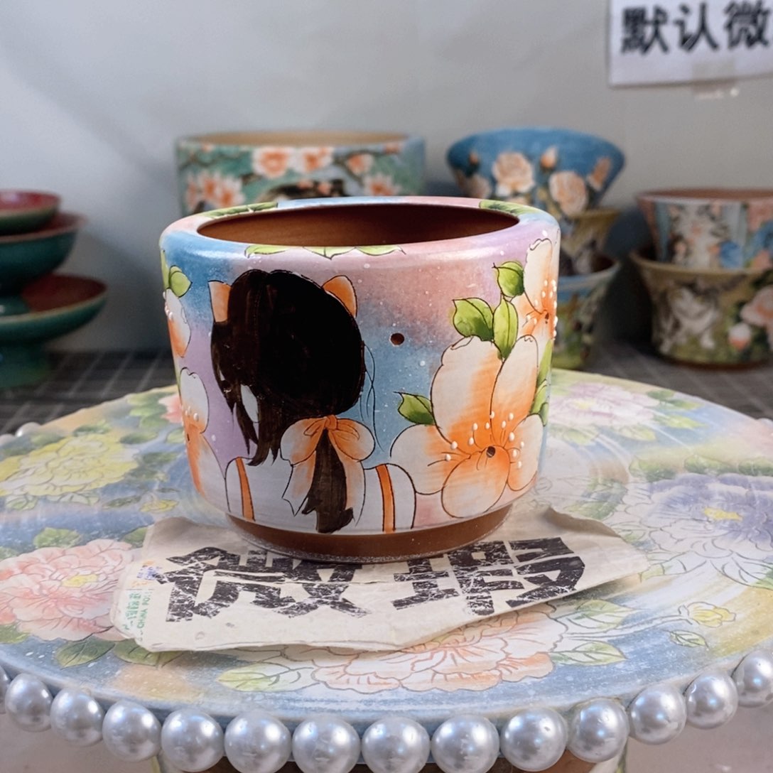 紫砂花盆红陶手绘花盆