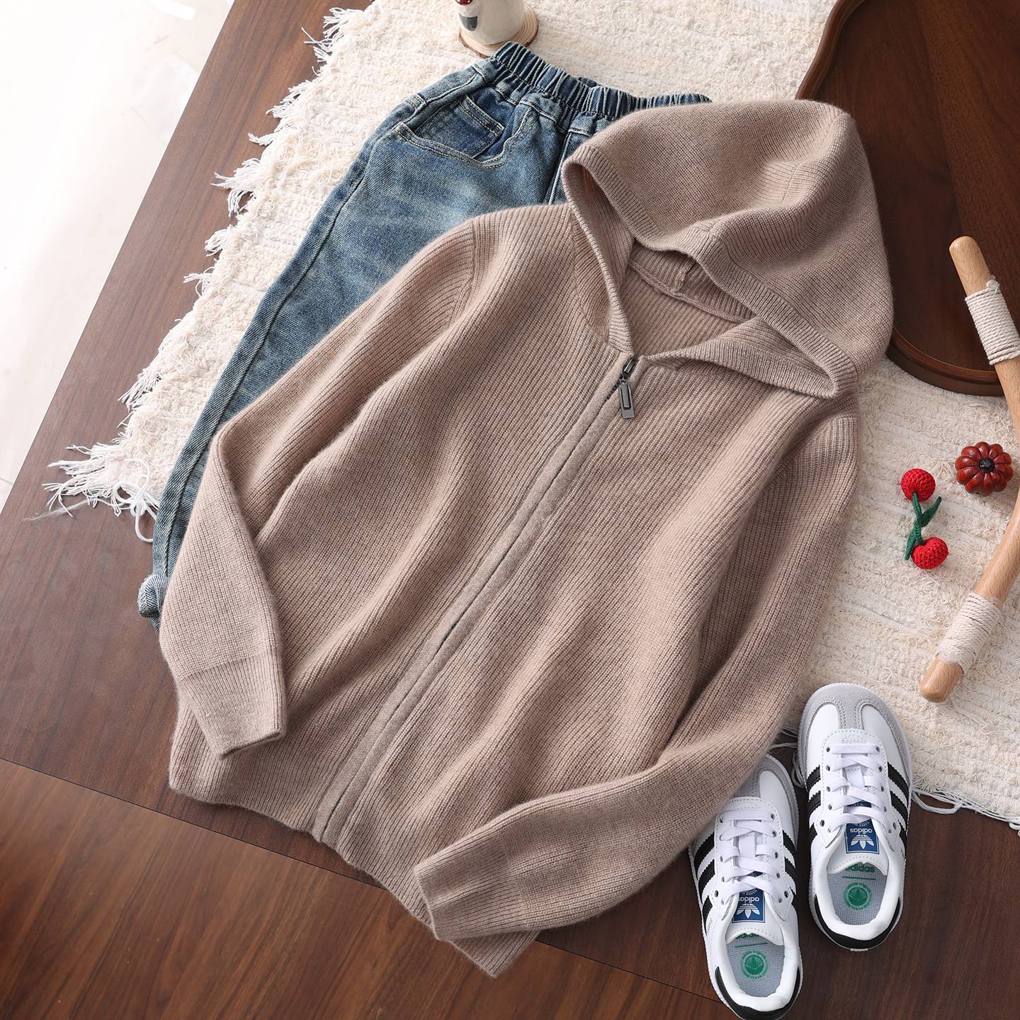 【30%羊绒】儿童羊绒开衫连帽男女宝宽松针织外套中大童拉链帽衫