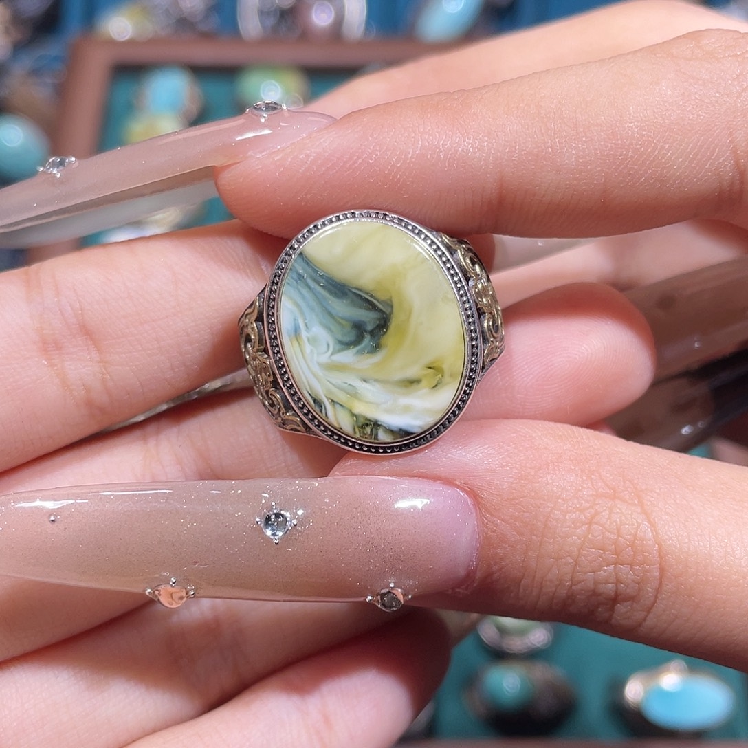 琥珀银S925镶嵌戒指