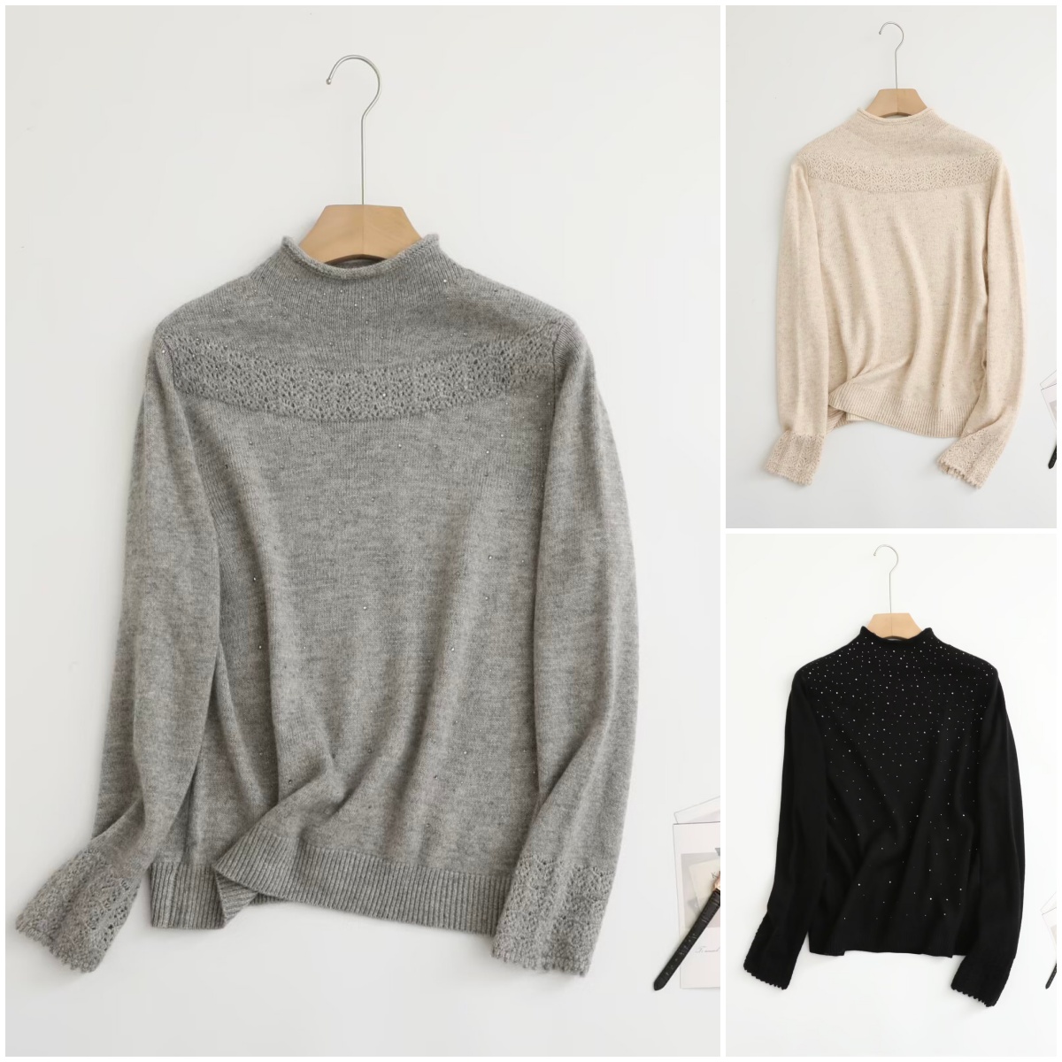 斐卉大码女装烫钻针织衫半高领冬季胖MM宽松毛衣纯色打底衫200斤