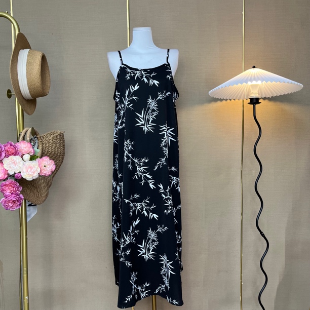【457】黑底白竹长款时尚夏季优雅复古气质吊带裙