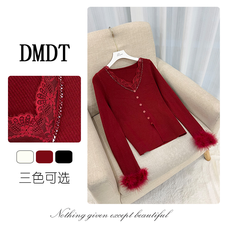 【DMDT服饰】2025冬季新品“慵懒随意感”蕾丝拼接钉珠显瘦女毛衣6306