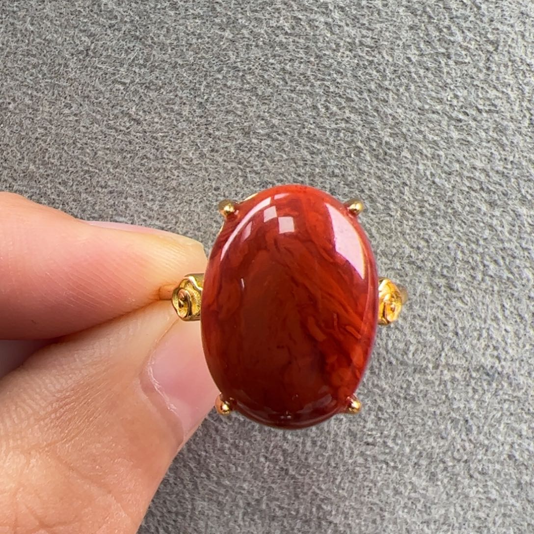 南红玛瑙（火焰戒指15*11）银S925镶嵌