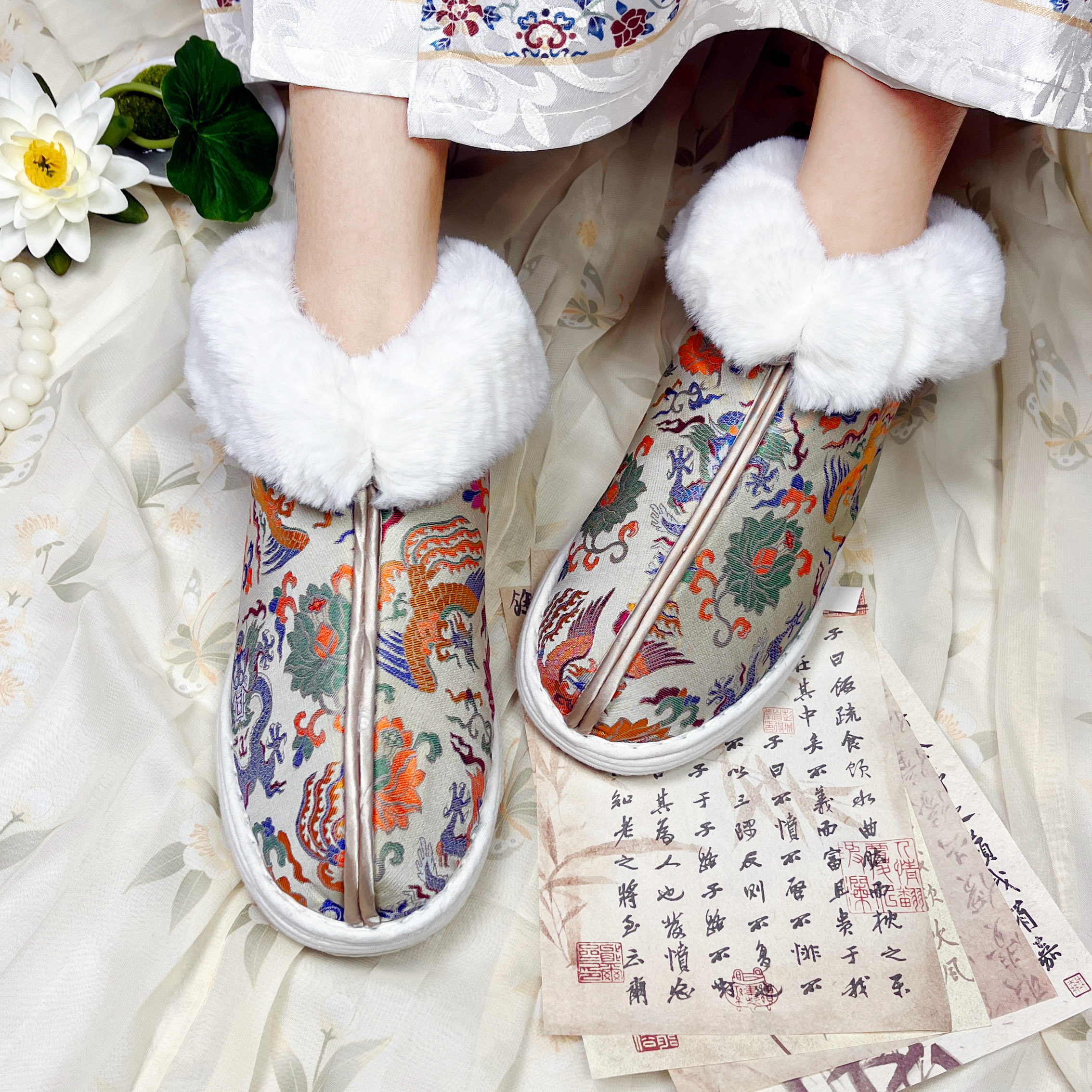 山月行半筒平底靴龙凤串连加厚手工千层底棉鞋冬季缝制中国风