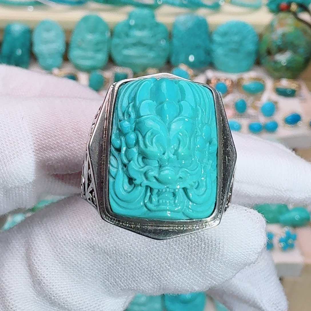 绿松石银S925镶嵌珠宝奇石精工龙戒