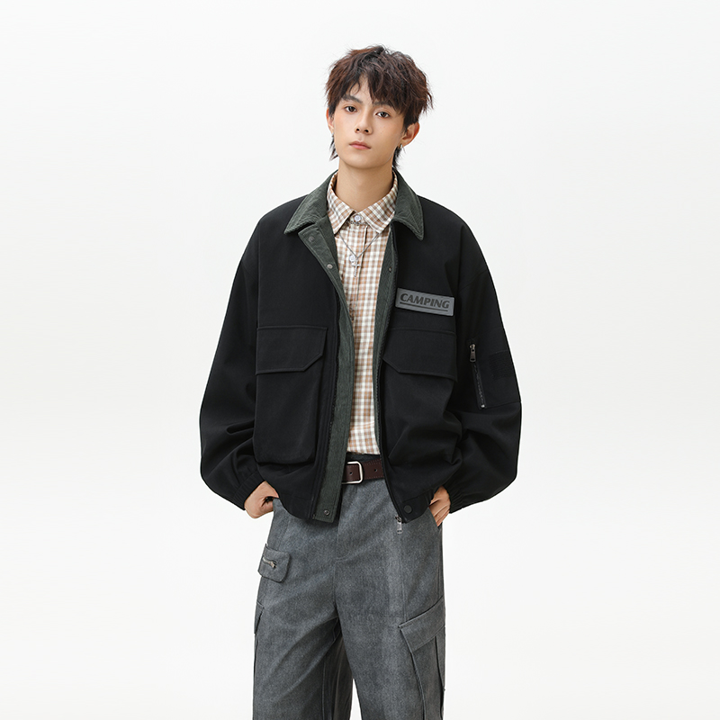 【重庆森林】美式重磅拼色秋款翻领夹克秋季工装港风休闲上衣外套