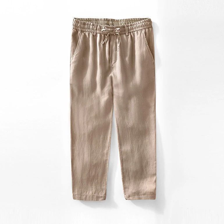 森系/中国风亚麻纯色休闲长裤 宽松休闲松紧腰带麻裤子 