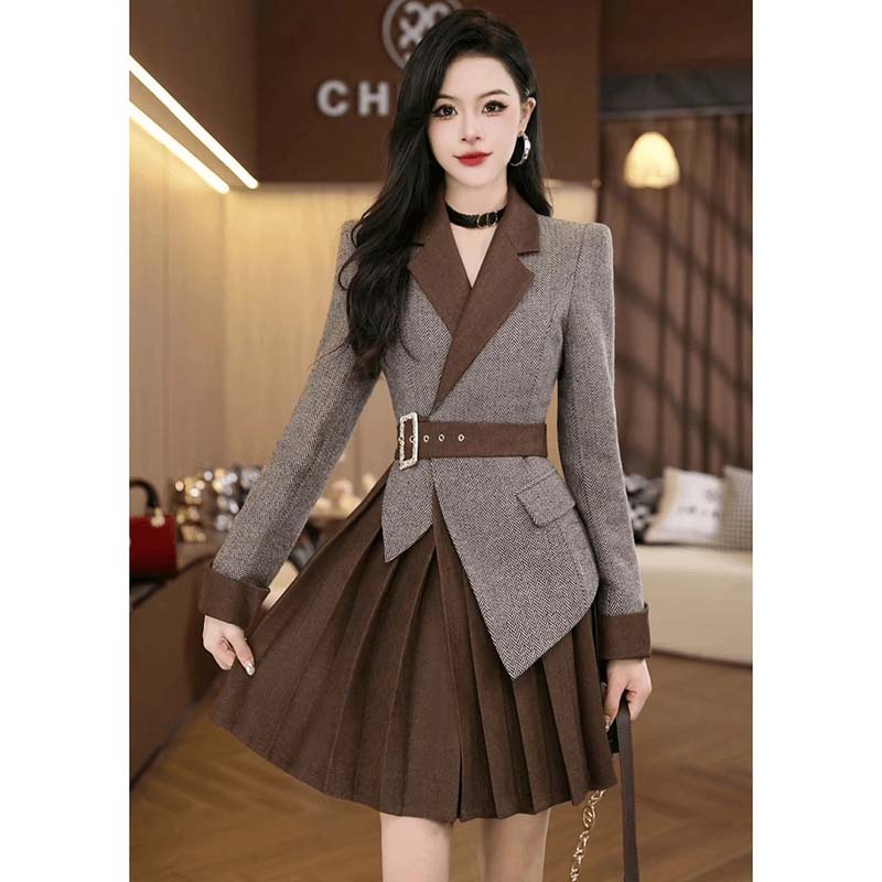 【AN】【有里布】撞色西装领长袖连衣裙女2025春秋款JT0039