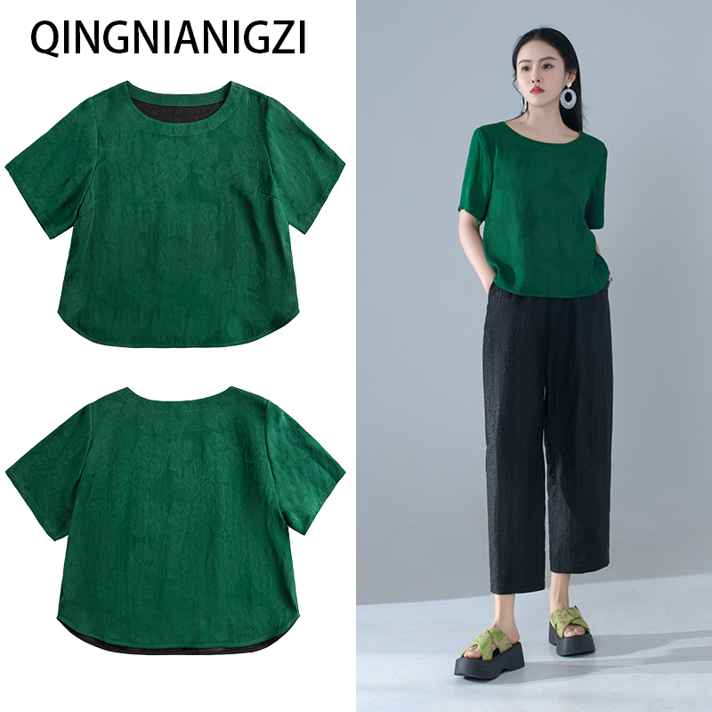 青娘子香云纱（若棠）冠乐绉夏季休闲宽松短袖圆领薄款上衣--60250