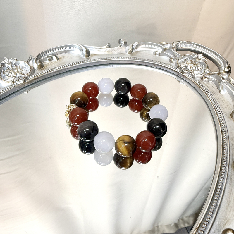 【祥云绕腕】天然红玛瑙x虎眼石x白玛瑙x银曜石 16mm