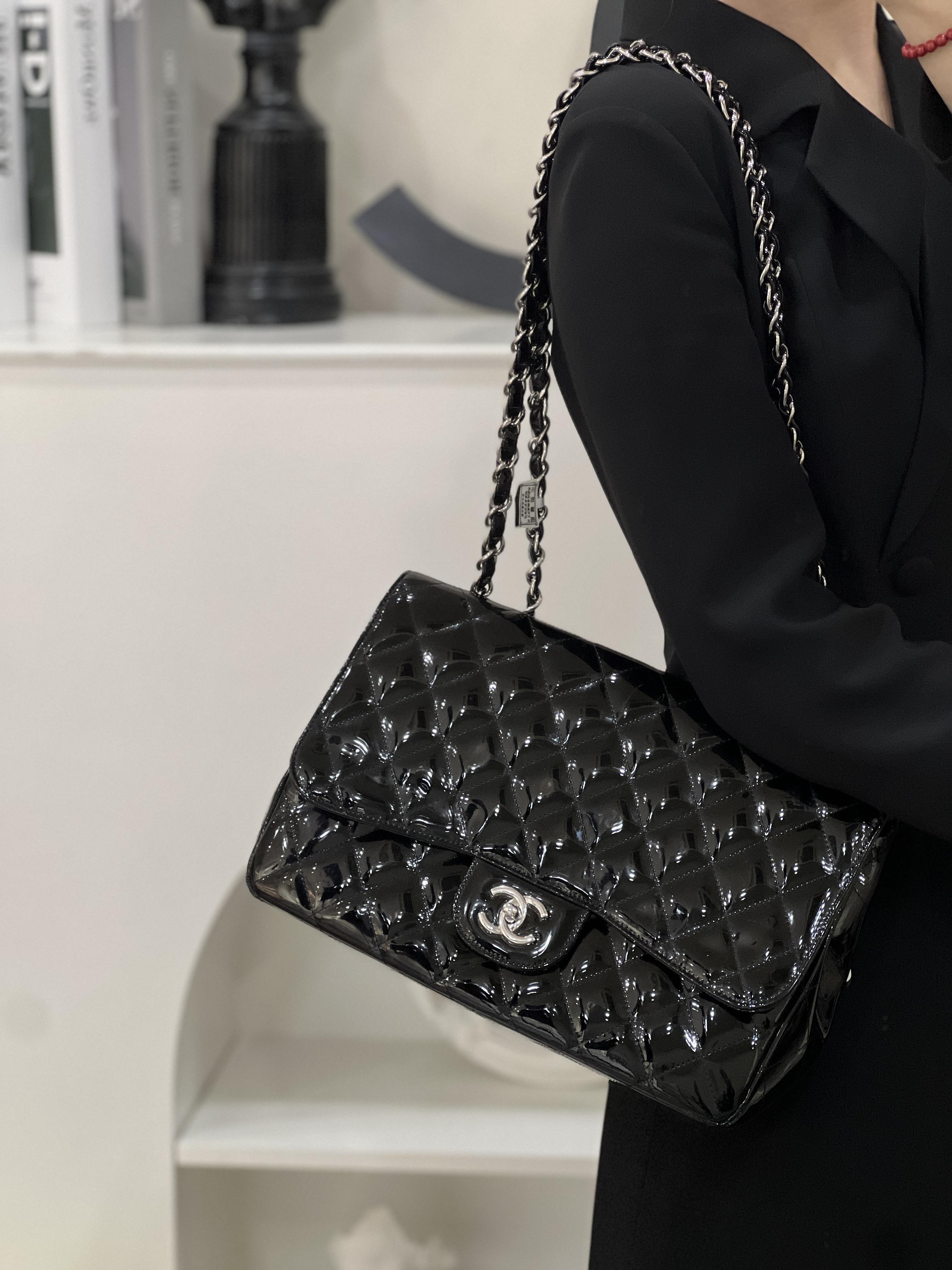 95新 Chanel/香奈儿 98新/chanel jumbo黑银漆皮单肩斜挎包/甄选