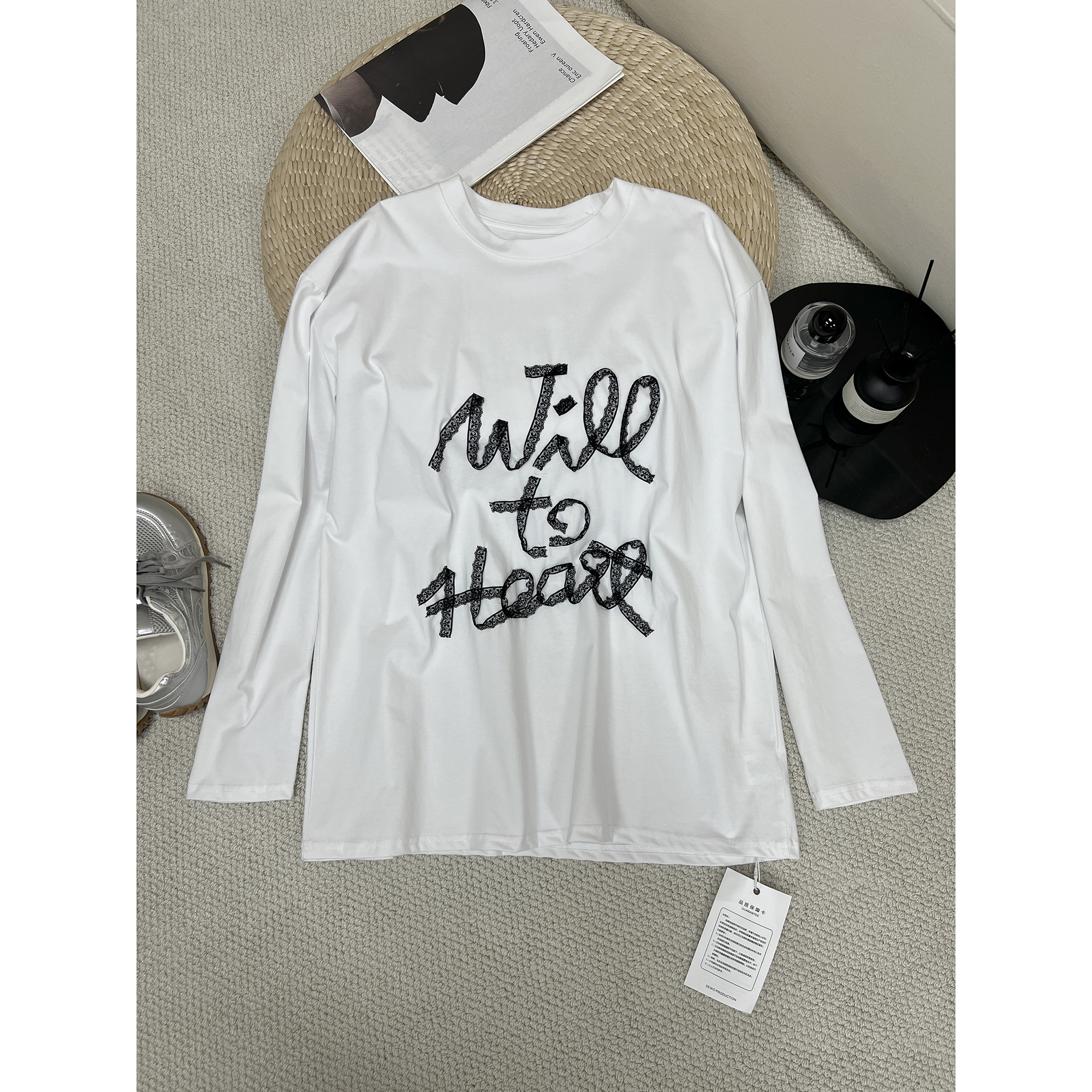 蕾丝字母白色长袖T恤1035-5（清）