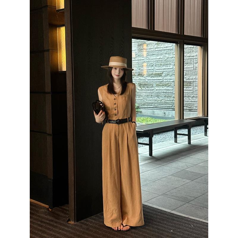 P313037F泡泡袖通勤风腰带连体裤法式气质连体衣薄款裤子高腰