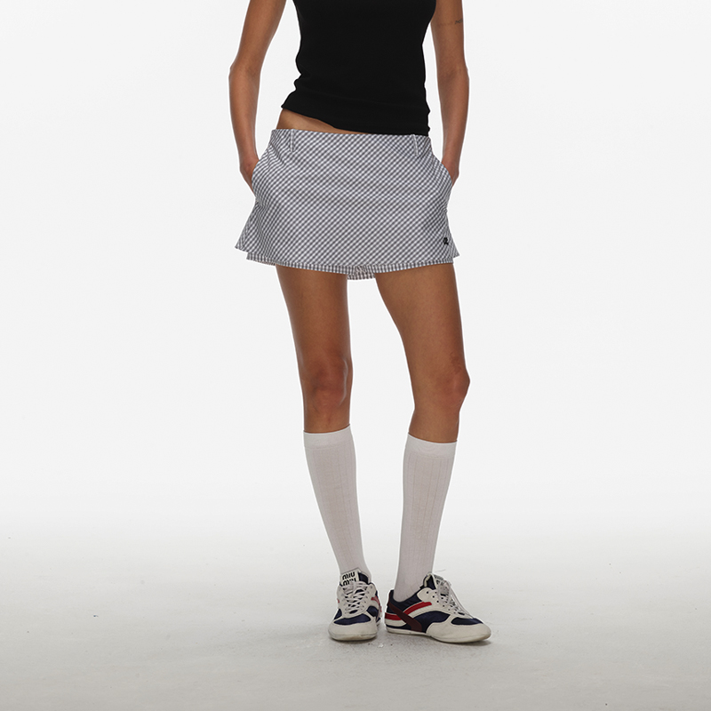 ECHOADE时髦低腰Stripe Mini Pantskirt 超短裙A字型刺绣mini裙裤