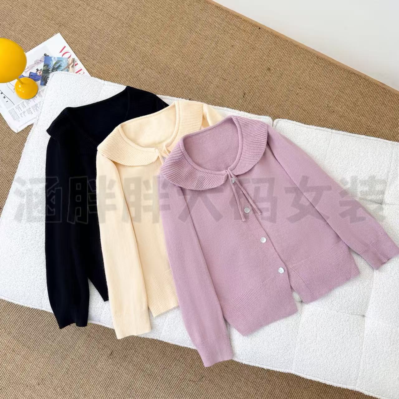 【涵胖胖】大码秋冬洋气减龄娃娃领系带毛衣设计感百搭针织68697【B】