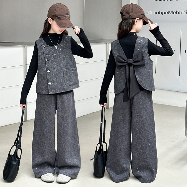 【小香风】女童套装秋冬2025新款儿童洋气马甲阔腿裤女孩秋装三件套