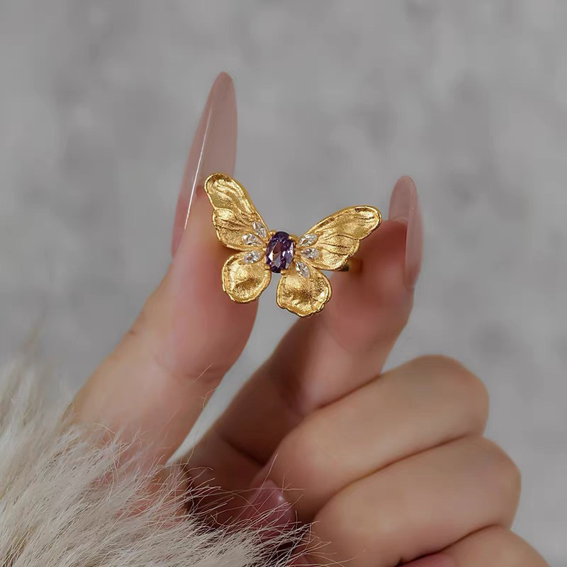 足银戒指 古法镶嵌蝴蝶戒指