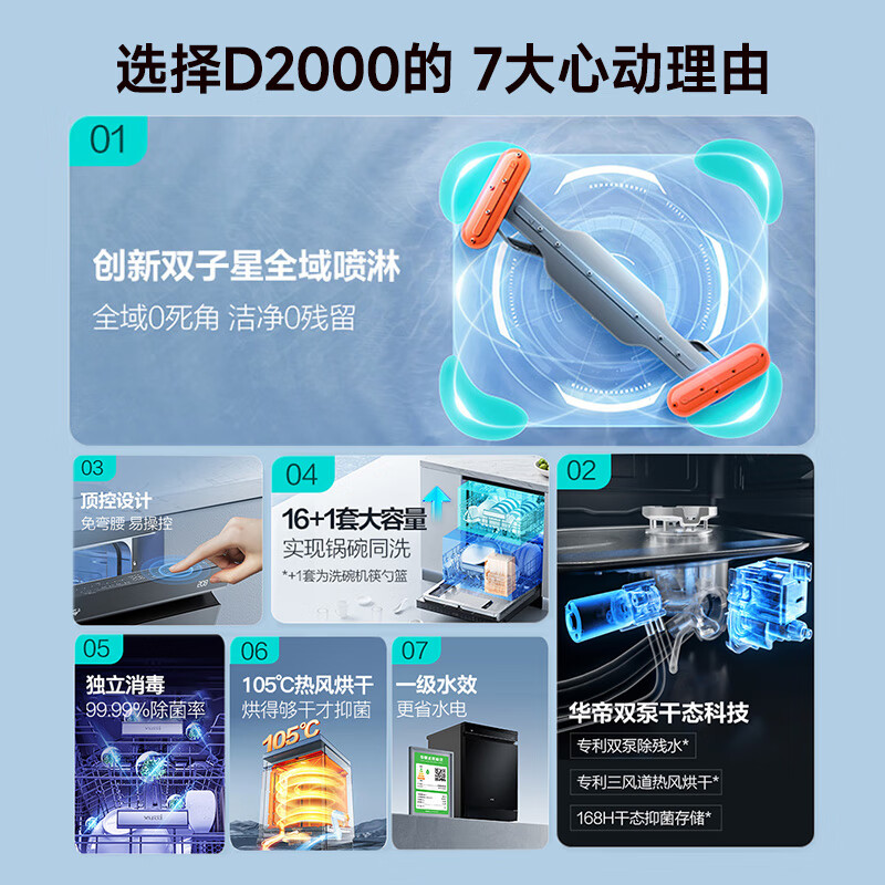 Vatti/华帝ID2000变频全域洗5Wpa全自动嵌入式16+1套双子星洗碗机