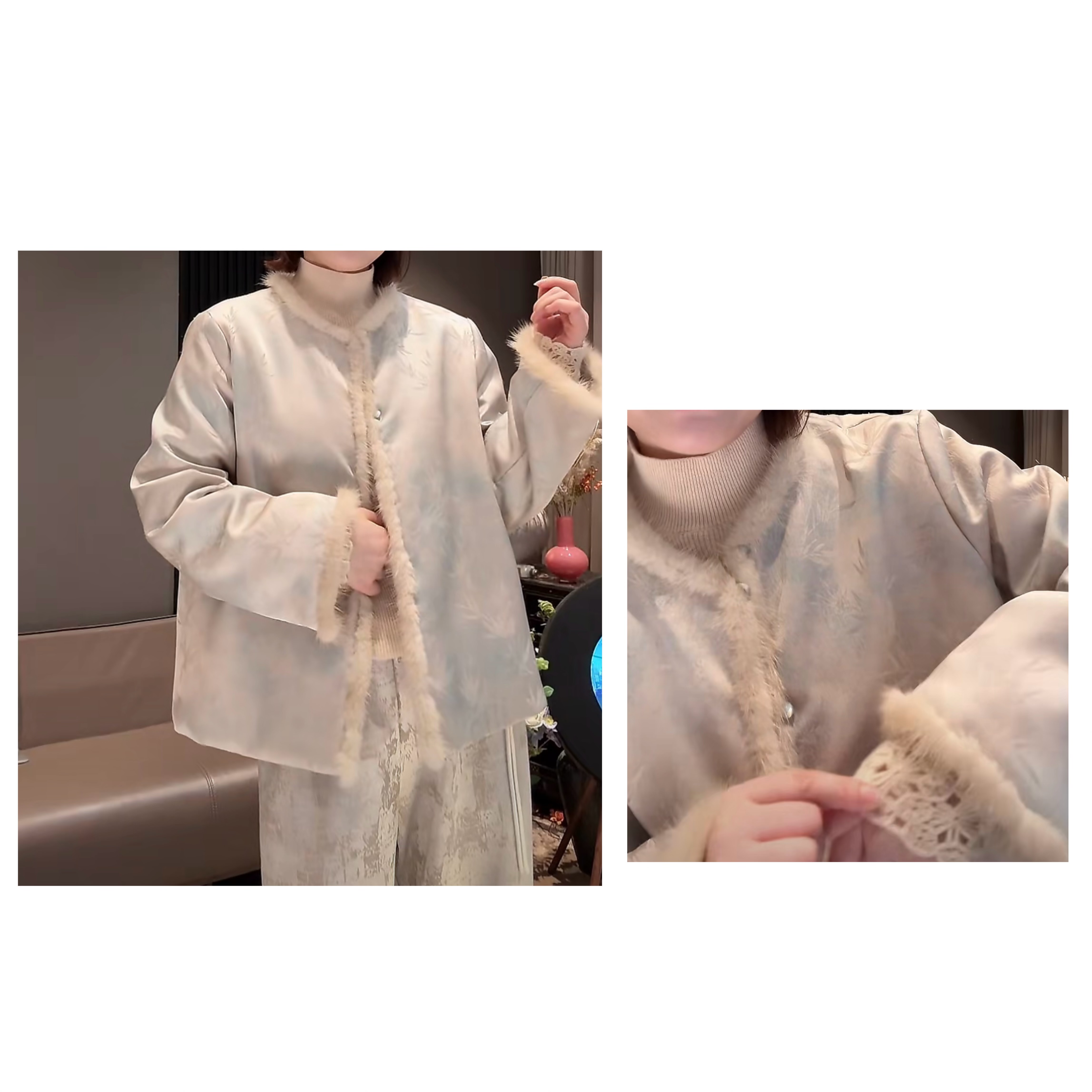 《新品首发》小众国风禅意水貂毛领棉衣外套