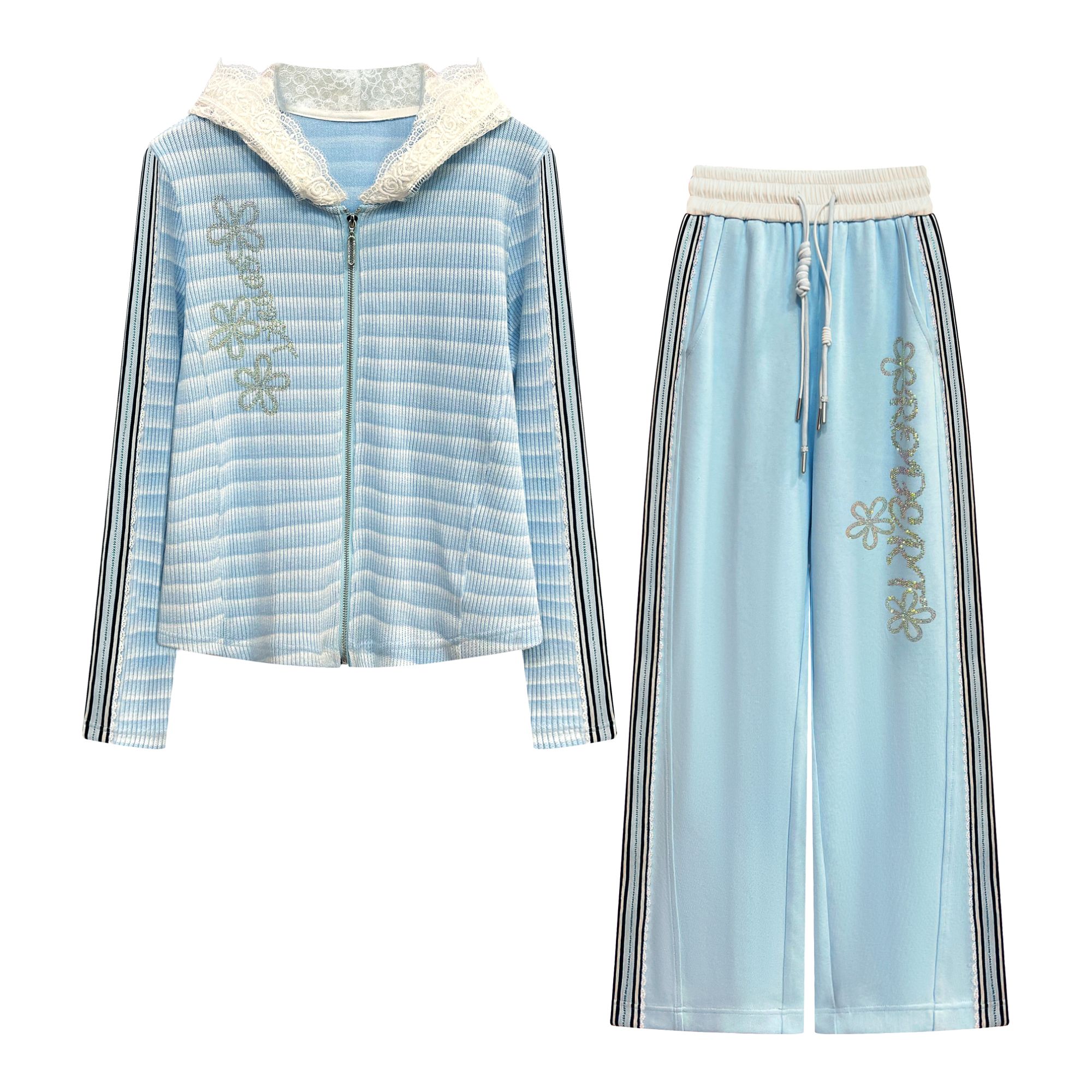 2025年春秋新款时尚重工条纹蕾丝连帽休闲减龄百搭套装#6582/6583