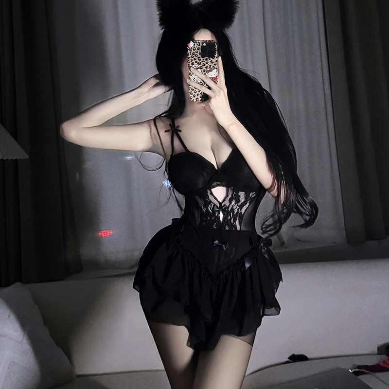 性感吊带辣妹蕾丝拼接吊带带垫带钢圈高腰网纱蓬蓬超短裙睡裙