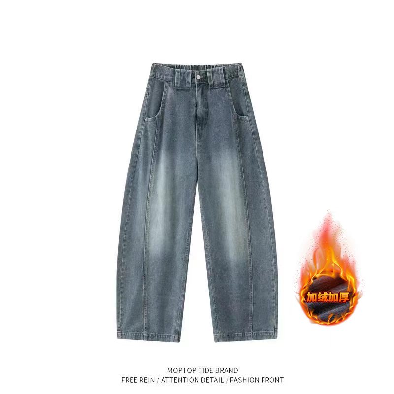 秋冬加绒美式怀旧水洗做旧弯刀裤男女潮牌高街百搭宽松直筒牛仔