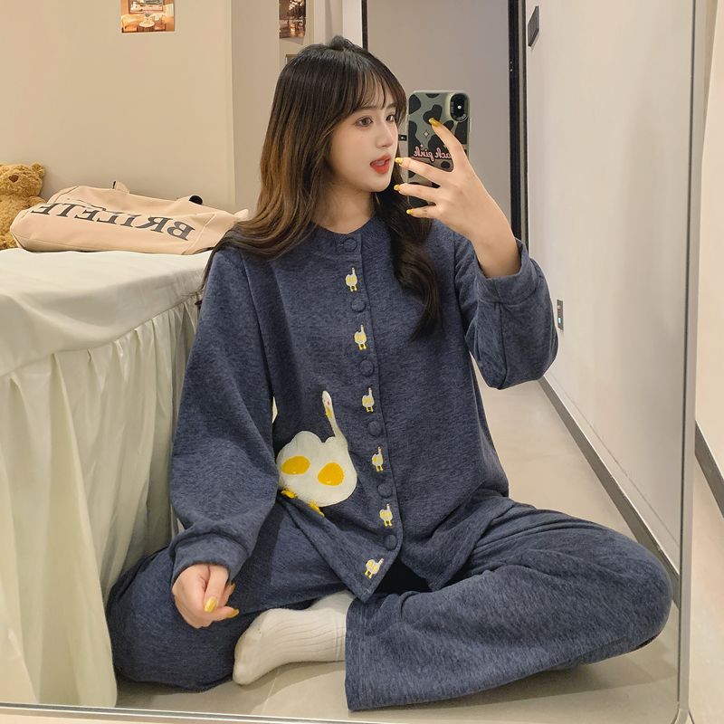 秋冬款卡通鸡蛋鹅羊绒加厚保暖睡衣女长袖长裤家居服可外穿套装