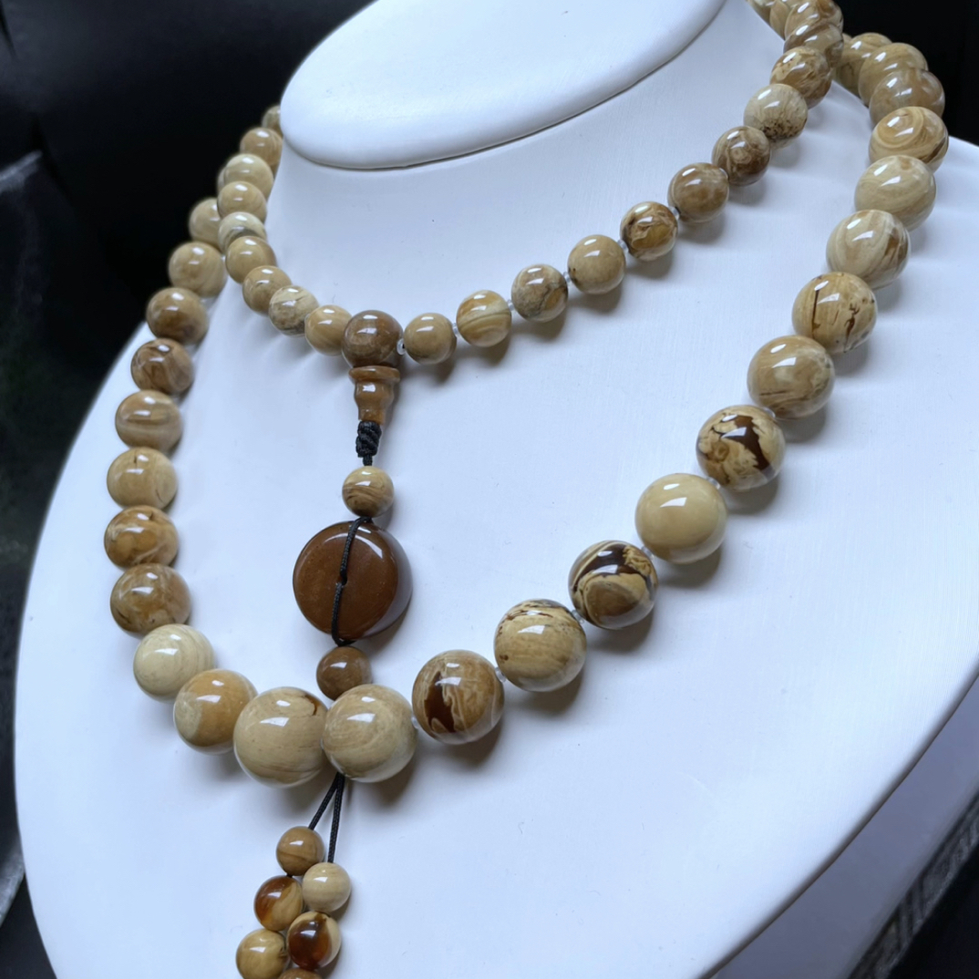 【李氏珠宝】精品稀有白花根蜡项链7-13mm41.5克周长70无瑕缅甸琥珀