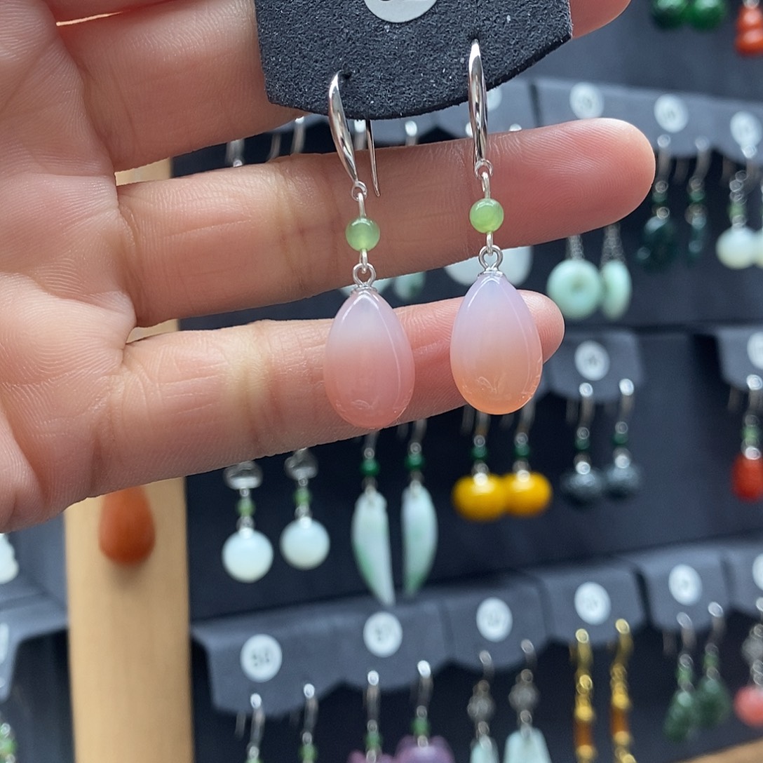 彩***虹玛瑙/玉髓银S925镶嵌耳坠