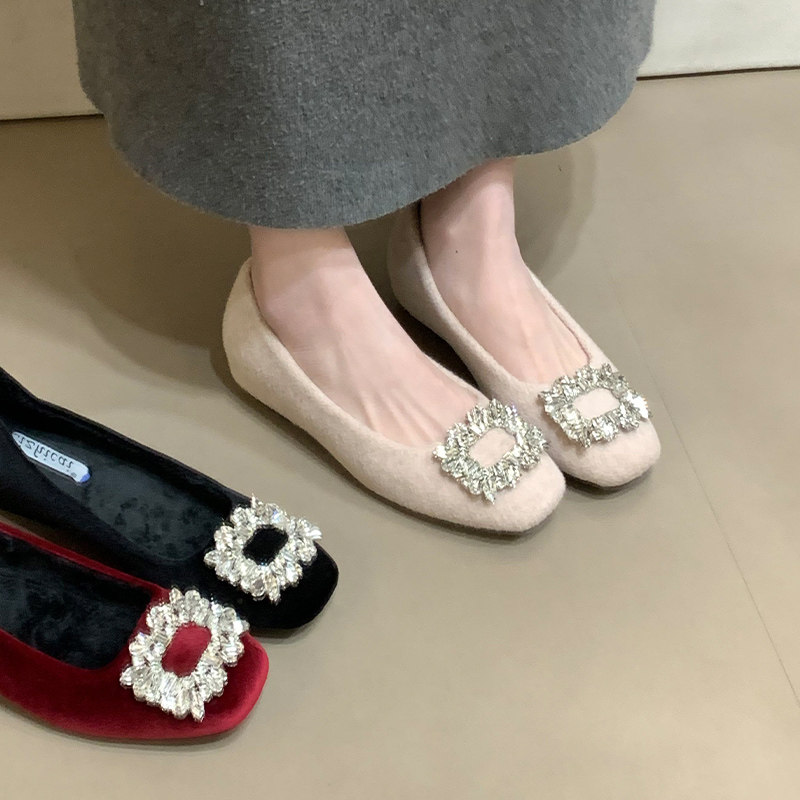 复古法式内增高单鞋水钻加绒豆豆鞋优雅保暖棉鞋子