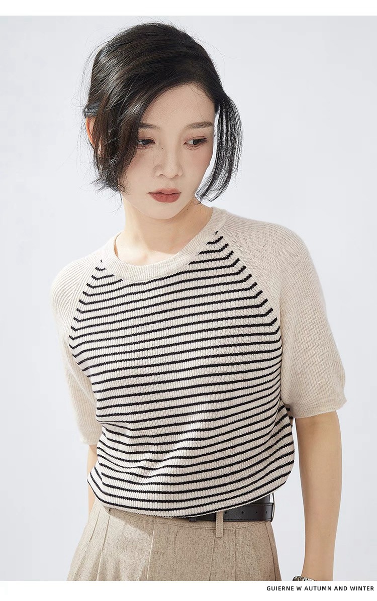 韩系条纹设计 2025春夏新款小众圆领撞色时尚百搭显瘦短袖体恤女