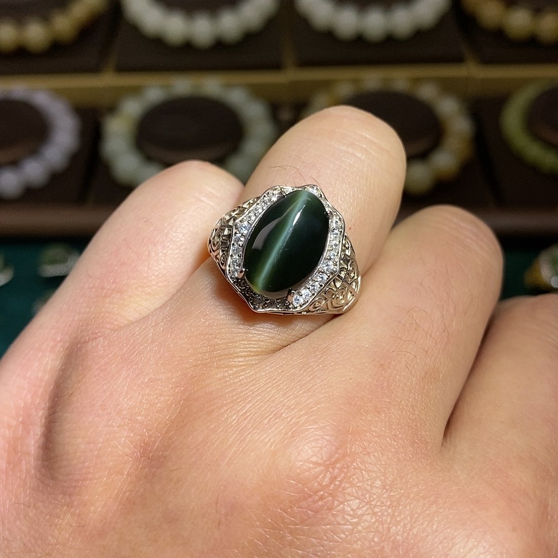 【闪购商品】银S925镶嵌戒指和田玉（碧玉）