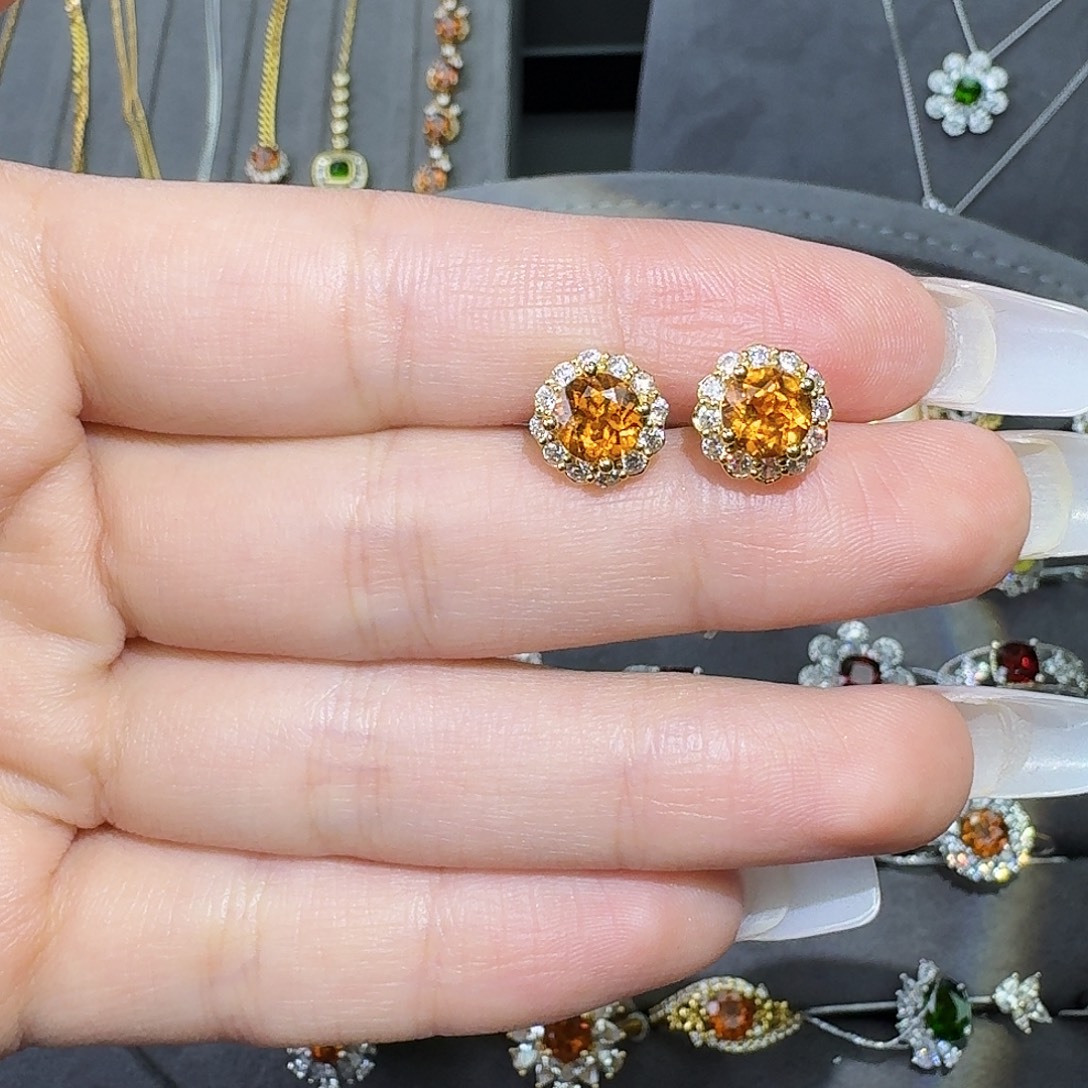 银S925镶嵌耳饰石榴石（芬达石）2.0