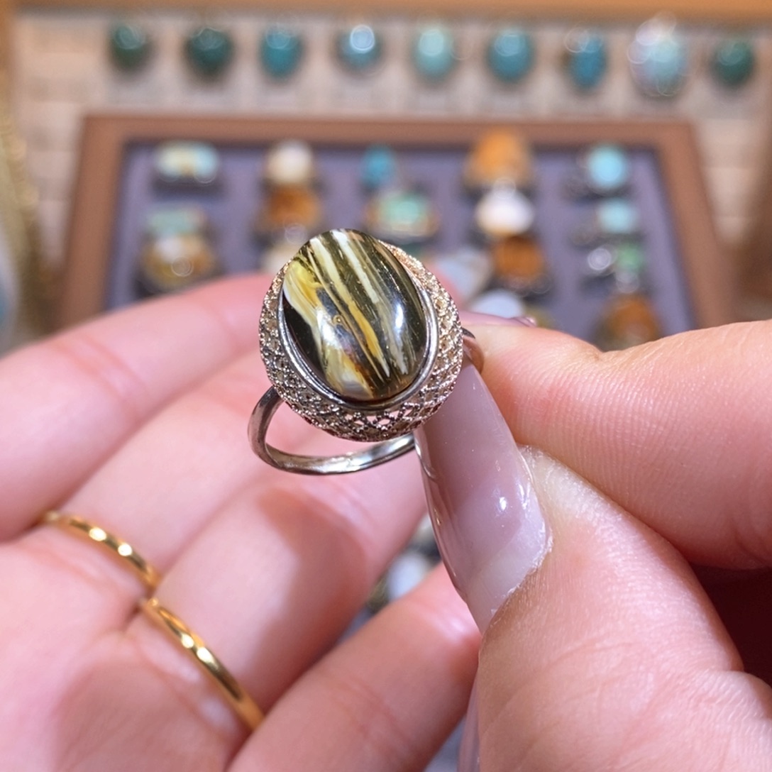 琥珀戒指银S925镶嵌戒指