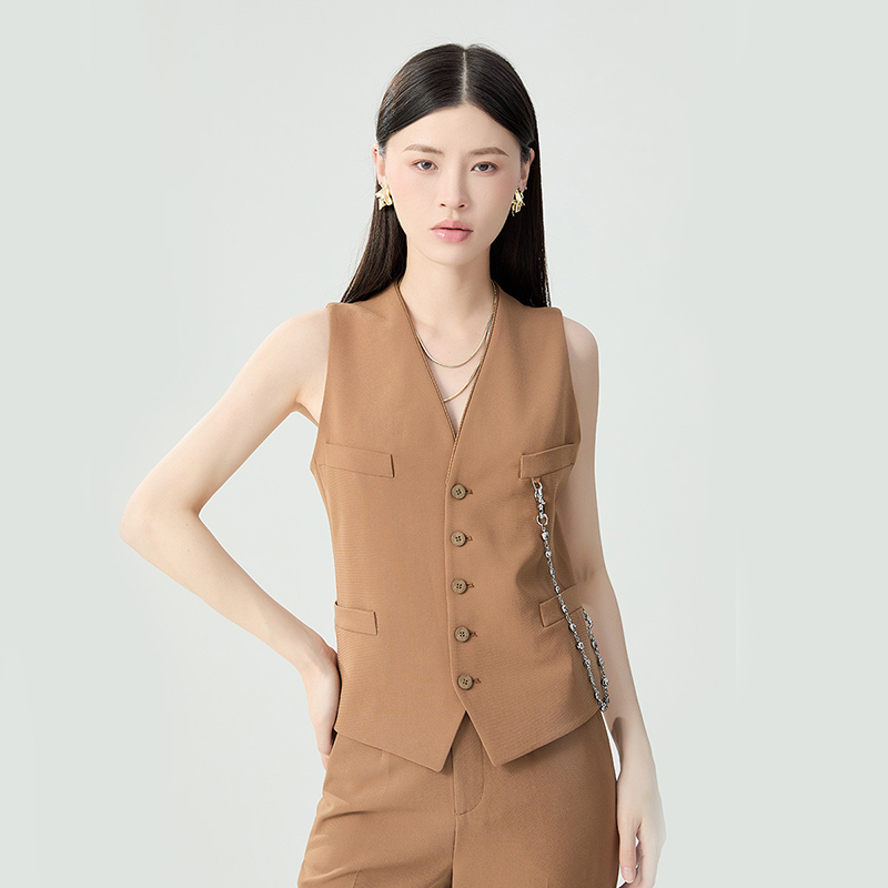 阿玛施AMASS新款女装通勤V领收腰西装马甲外套(附金属链)5400780