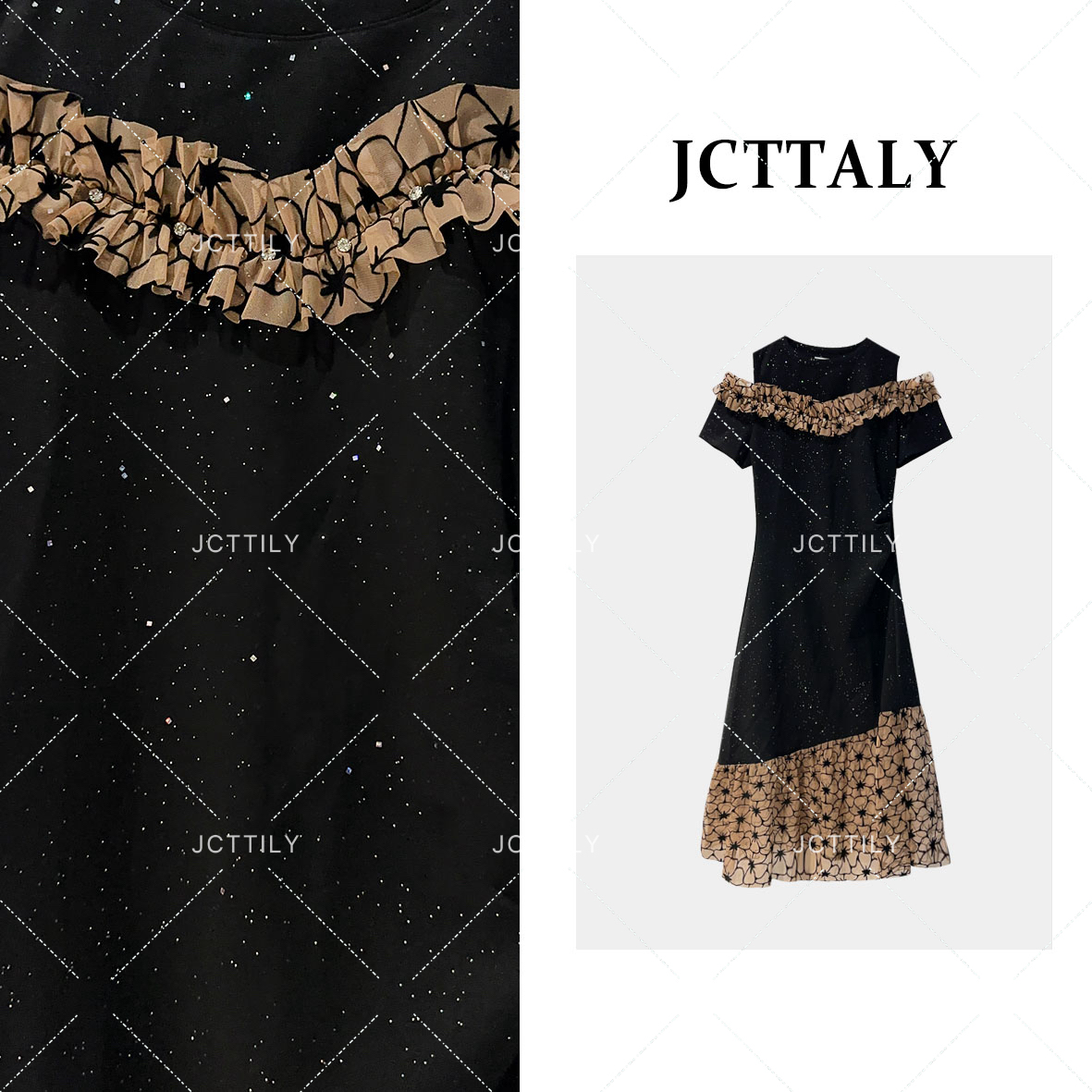 设计新款高级感镶钻显瘦M字收褶连衣裙JC-A2922蕾丝气质