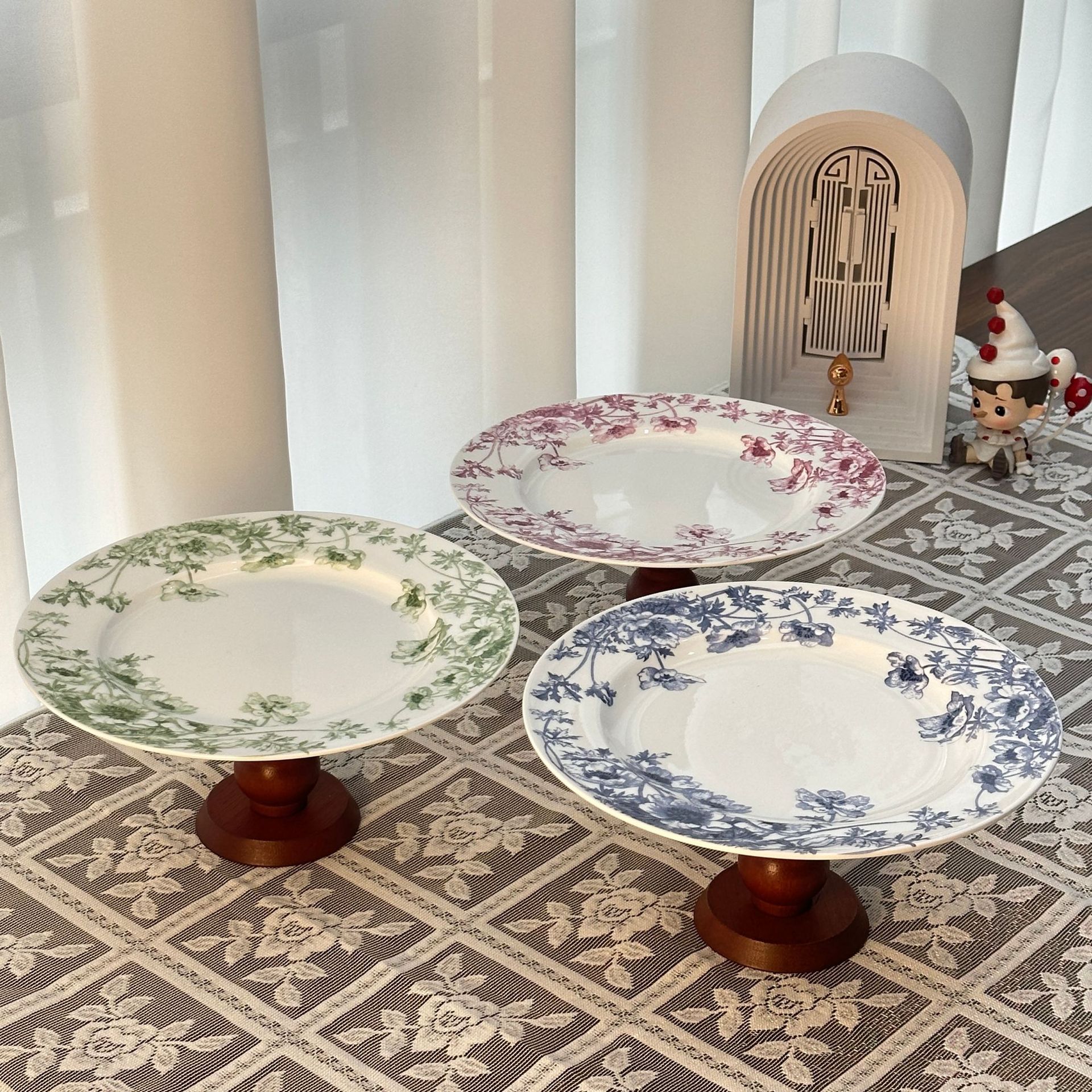 创意釉下彩花盘高脚款法式餐具果盘盘子陶瓷波西米亚风圆形圆形