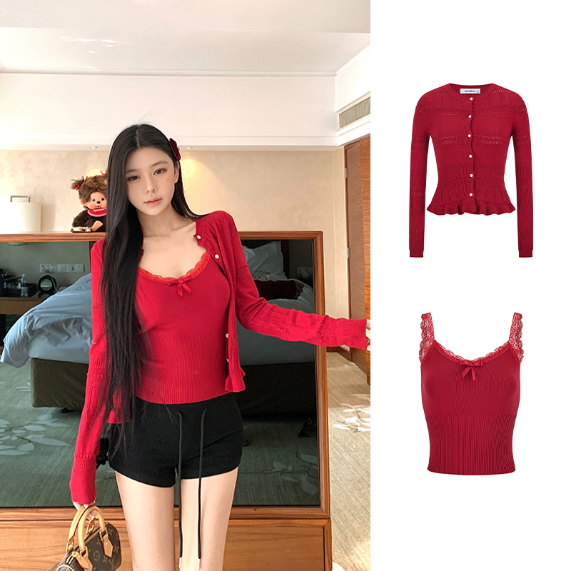 Moses Queen/魔西女王镂空长袖针织衫显瘦开衫外套上衣吊带两件套